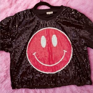 Monki Black Sequin Smiley Face Top
